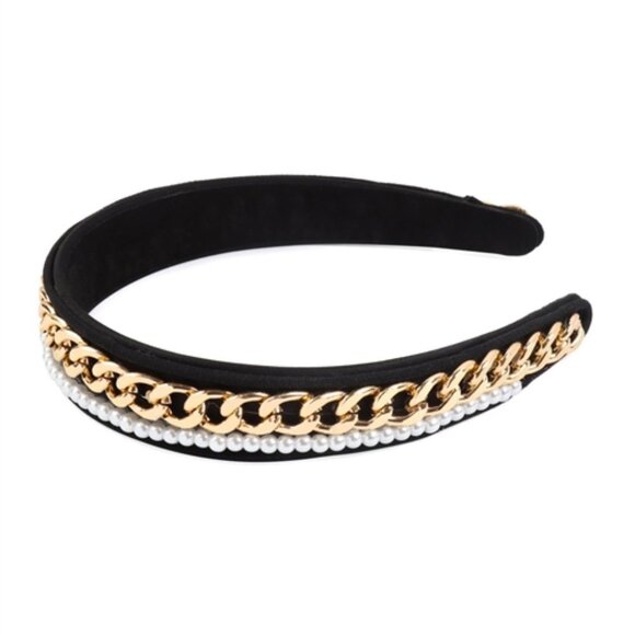 J. ELISE BOUTIQUE NEW TRENDY VELVET Black Gold Chain Pearl Fashion Headband - Picture 1 of 8